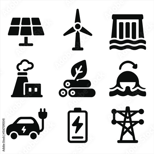 Renewable Energy Icons. Solid, filled icon set of renewable energy sources: solar panel, wind turbine, hydroelectric dam,