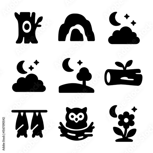 Nocturnal Habitat Icons. Solid, filled icon set of nocturnal animal habitats: hollow tree, dark cave, night bush, moonlit clearing