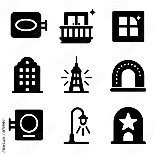 Nighttime Icon Set. Solid, filled icon set of night-lit facades: neon signboard, lit balcony, glowing window, illuminated hotel,