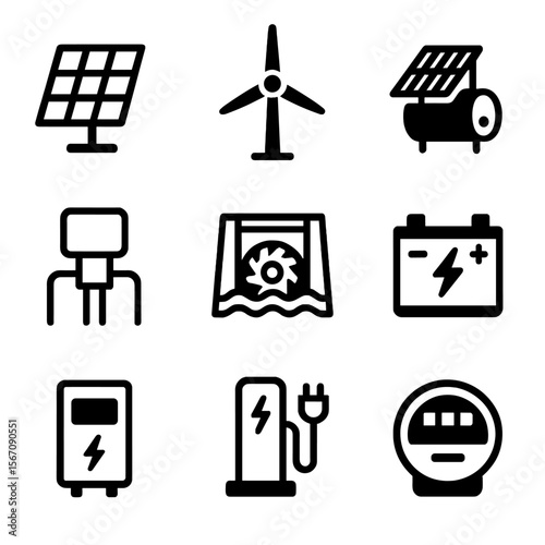 Renewable Energy Icons. Solid, filled icon set of Renewable energy devices: solar panel, wind turbine, solar water heater,