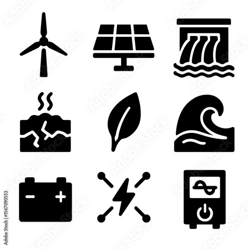 Renewable Energy Icons. Solid, filled icon set of renewable energy solutions: wind turbine, solar array, hydro dam, geothermal