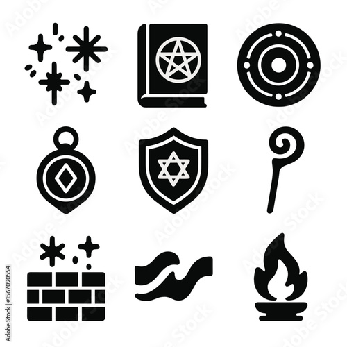 Magical Protection Icons. Solid, filled icon set of magical protection symbols: glowing runes, spell book, magic circle,