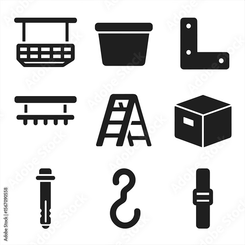 Garage Storage Icons. Solid, filled icons set of using overhead storage racks in the garage: ceiling rack,