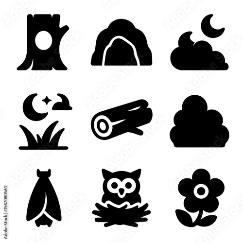 Nocturnal Habitat Icons. Solid, filled icon set of nocturnal animal habitats: hollow tree, dark cave, night bush, moonlit clearing