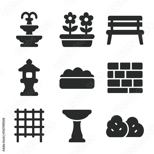 Garden Icon Set. Solid, filled icons set of garden landscaping features: water fountain, flower bed, garden