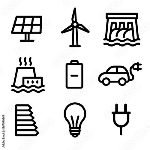Renewable Energy Icons. Solid, filled icon set of renewable energy sources combating warming: solar panel, wind turbine,