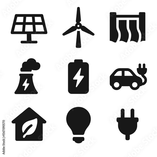 Renewable Energy Icons. Solid, filled icon set of renewable energy sources combating warming: solar panel, wind turbine,