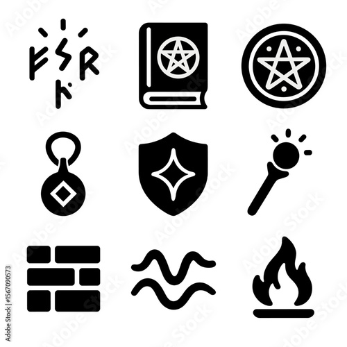 Magical Protection Icons. Solid, filled icon set of magical protection symbols: glowing runes, spell book, magic circle,