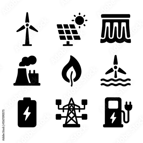 Renewable Energy Icons. Solid, filled icon set of renewable energy sources: wind turbine, solar panel, hydroelectric dam,