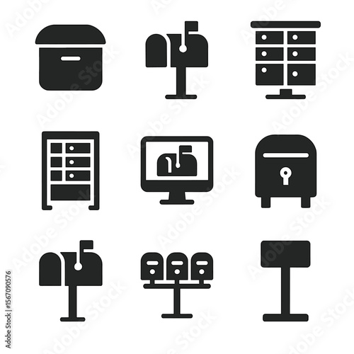 Mailboxes Icon Set. Solid, filled icon set of mailbox types: wall-mounted box, curbside box, community mailbox, parcel locker,