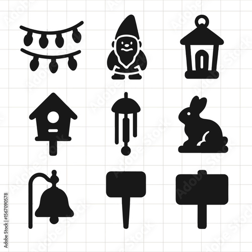 Garden Décor Icons. Solid, filled icons set of garden décor for small spaces: fairy lights, garden gnome,