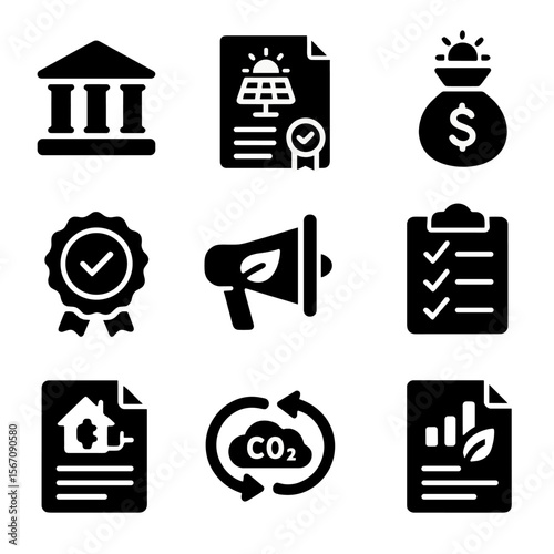 Renewable Energy Icons. Solid, filled icon set of renewable energy policies: government building, legal document, tax incentive,