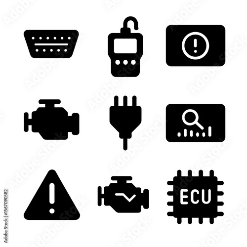 OBD Scanner Icons. Solid, filled icon set of on-board diagnostics scanner: OBD port, diagnostic tool, error code screen, engine