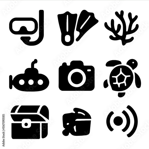 Ocean Adventure Icons. Solid, filled icon set of exploring the ocean: diving mask, snorkel tube, flippers, coral reef, submarine,