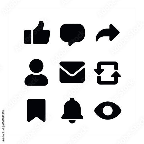 Minimal Social Icons Grid. Solid, filled icons set of minimal social icons: like, comment, share, follow,
