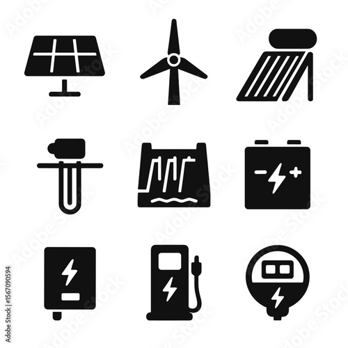 Renewable Energy Icons. Solid, filled icon set of Renewable energy devices: solar panel, wind turbine, solar water heater,