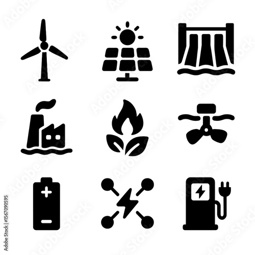Renewable Energy Icons. Solid, filled icon set of renewable energy sources: wind turbine, solar panel, hydroelectric dam,