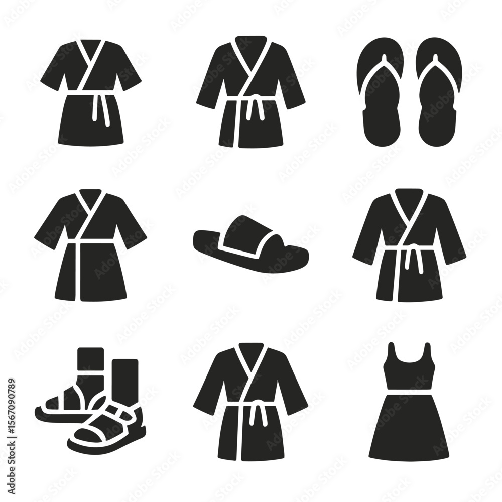 Robe and Sandal Icons. Solid, filled icon set of modern robe and sandal fashion: beach robe, spa robe, flip flops, slides, kimono, Robe and Sandal Icons. Solid, filled icon set of modern robe and sandal fashion: beach robe, spa robe, flip flops, slides, kimono,