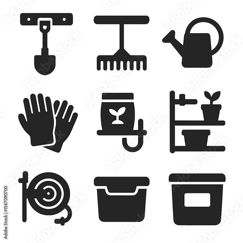 Garden Tools Icons. Solid, filled icons set of garden tools in garage storage: shovel icon, rake hanger,