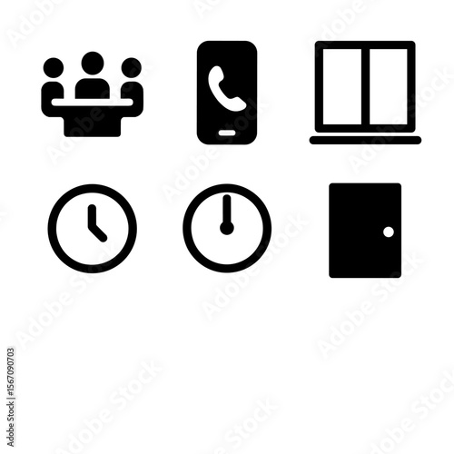 Office Icons Grid. Solid, filled icon set of Office meeting settings: boardroom, open phone, window view, clock, door. Line icons