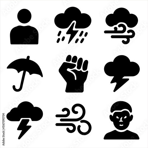 Resilience Icon Set. Solid, filled icon set of resilience in bad weather: person, stormy clouds, lightning strike, wind, rain,
