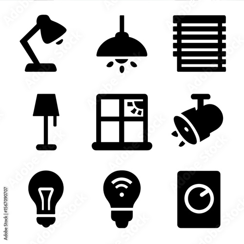 Office Lighting Icons. Solid, filled icon set of office lighting: desk lamp, ceiling light, window blinds, floor lamp, natural