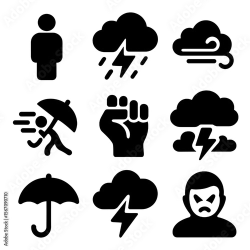 Resilience Icon Set. Solid, filled icon set of resilience in bad weather: person, stormy clouds, lightning strike, wind, rain,