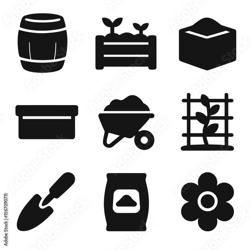 Garden Icon Set. Solid, filled icons set of outdoor garden containers: large barrel pot, raised bed pot,