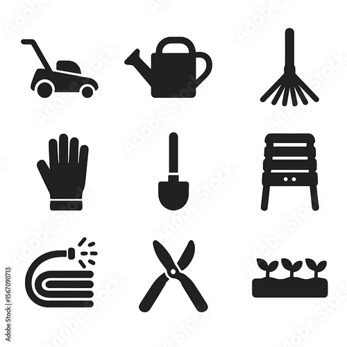Gardening Tools Icons. Solid, filled icons set of garden and outdoor care: lawn mower, watering can, garden