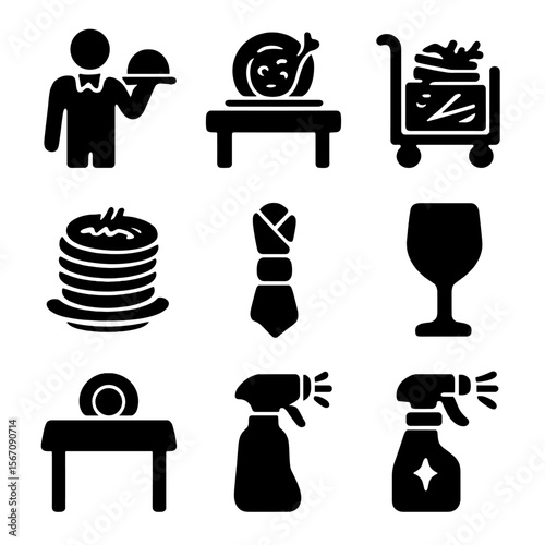 Restaurant Cleanup Icons. Solid, filled icon set of restaurant dirty plate clearing: waiter, tray, cleared table, busser cart,