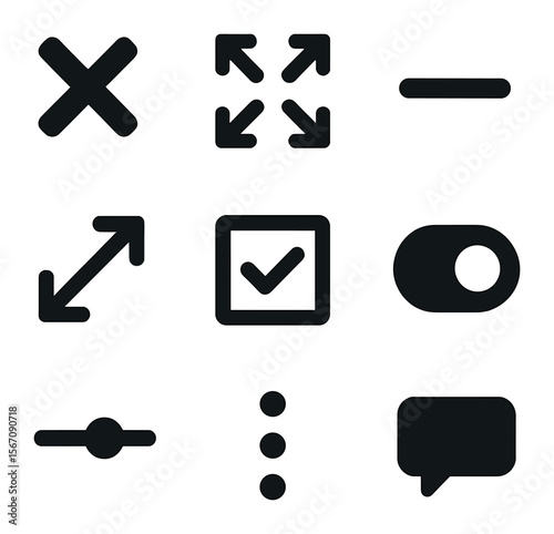 Modern UI Icon Grid. Solid, filled icons set of tiny UI elements: close icon, expand, minimize, resize,