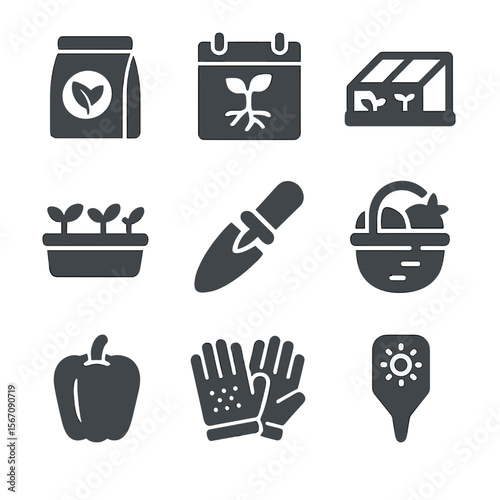 Gardening Icon Set. Solid, filled icons set of seasonal vegetable gardening: seed packet, growing calendar,