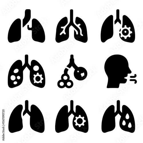 Respiratory Illness Icons. Solid, filled icon set of respiratory illnesses: asthma lungs, bronchitis icon, pneumonia symbol, COPD