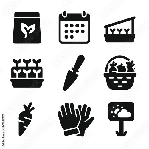 Gardening Icon Set. Solid, filled icons set of seasonal vegetable gardening: seed packet, growing calendar,