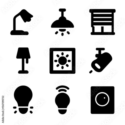 Office Lighting Icons. Solid, filled icon set of office lighting: desk lamp, ceiling light, window blinds, floor lamp, natural