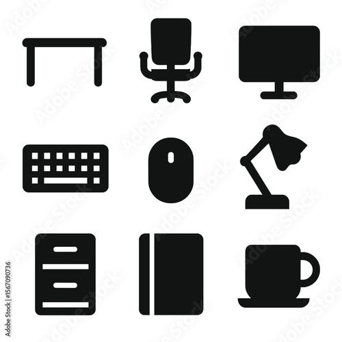 Office Icon Set. Solid, filled icon set of office setup basics: desk, office chair, computer monitor, keyboard, mouse, desk lamp,