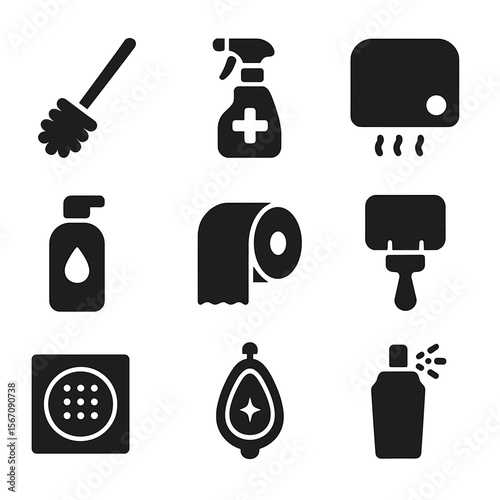 Restroom Sanitation Icons. Solid, filled icon set of restroom sanitation: toilet brush, disinfectant bottle, hand dryer, soap