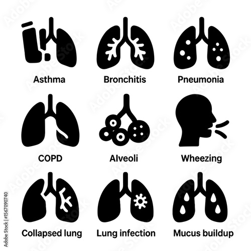 Respiratory Illness Icons. Solid, filled icon set of respiratory illnesses: asthma lungs, bronchitis icon, pneumonia symbol, COPD