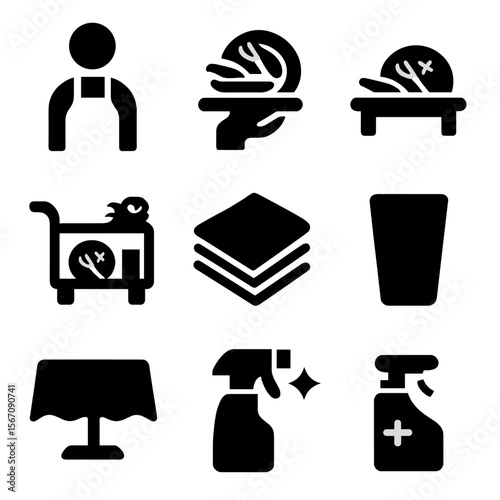 Restaurant Cleanup Icons. Solid, filled icon set of restaurant dirty plate clearing: waiter, tray, cleared table, busser cart,