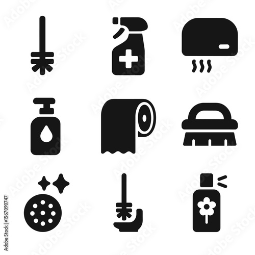 Restroom Sanitation Icons. Solid, filled icon set of restroom sanitation: toilet brush, disinfectant bottle, hand dryer, soap