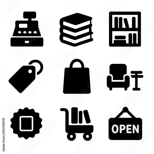 Retail Icon Set. Solid, filled icon set of bookshop and retail display: cash register, book stack, shelf display, sale tag,