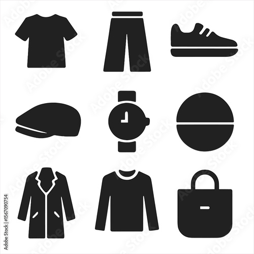 Gender-Neutral Fashion Icons. Solid, filled icons set of gender-neutral fashion: boxy tee, wide-leg trousers,