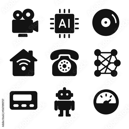 Retro Tech Icons. Solid, filled icon set of retro devices and AI tools: film camera, AI processor, vinyl record, smart home,