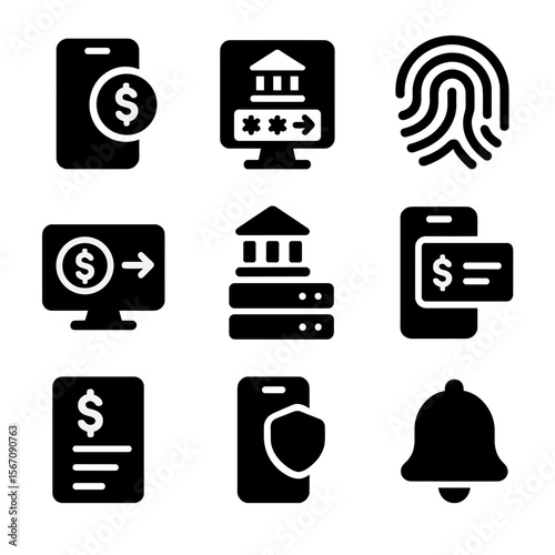 Online Banking Icons. Solid, filled icon set of online banking setup: mobile app, banking login, fingerprint access, online
