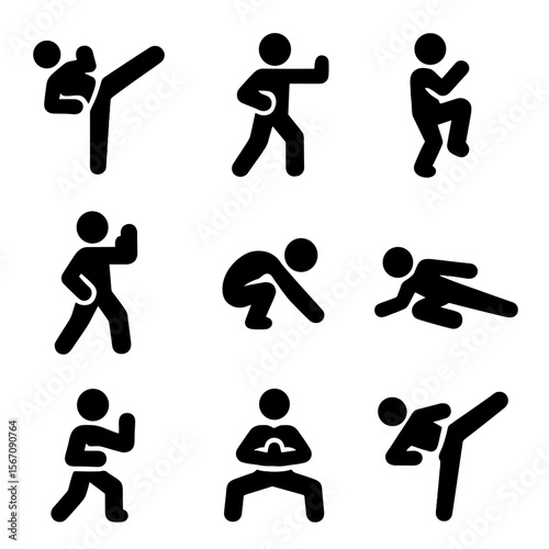 Martial Arts Icons. Solid, filled icon set of focused martial arts movements: side kick, palm strike, knee thrust, block stance,