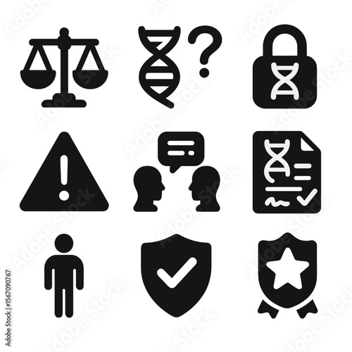 Gene Editing Icons. Solid, filled icons set of ethical concerns in gene editing: balance scale, DNA question,