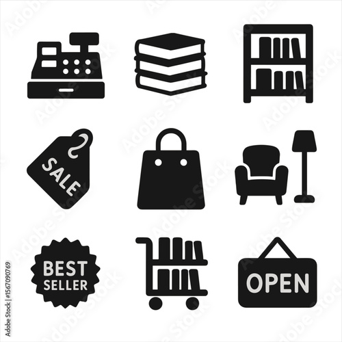 Retail Icon Set. Solid, filled icon set of bookshop and retail display: cash register, book stack, shelf display, sale tag,