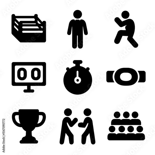 Martial Arts Icons. Solid, filled icon set of martial arts competitions: fighting ring, referee, fighter pose, points board, timer