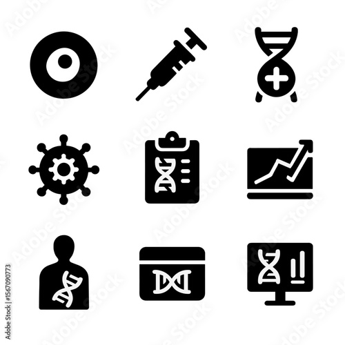 Gene Therapy Icons. Solid, filled icons set of gene therapy research: cell icon, injection icon, healing DNA,