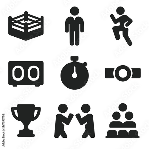 Martial Arts Icons. Solid, filled icon set of martial arts competitions: fighting ring, referee, fighter pose, points board, timer